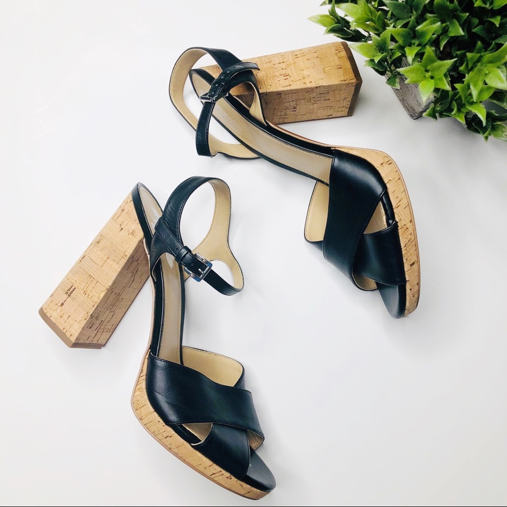 MICHAEL KORS black leather cork heels
